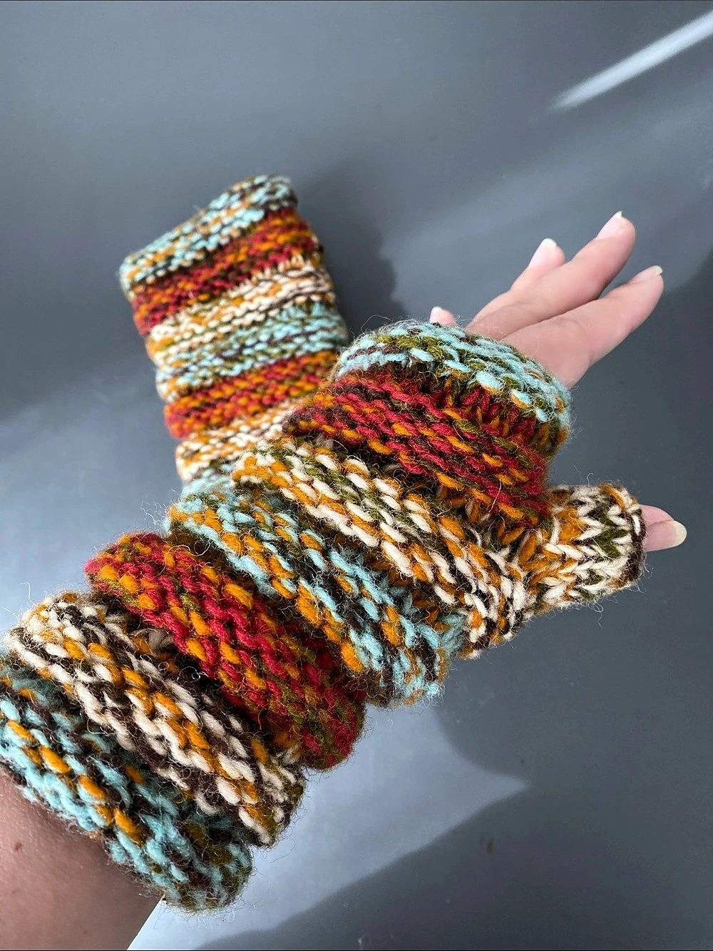 Hand-Knit Wool Fingerless Gloves Multicolor OS Boho Cottage Eclectic Art to Wear